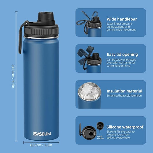 SASEUM Sport Water Bottle 22oz Stainless Steel Double Wall Vacuum Thermal Mug with Leak Proof Spout Lids, Wide Mouth Metal Insulated Water Jug for Gym and Travel（Navy）