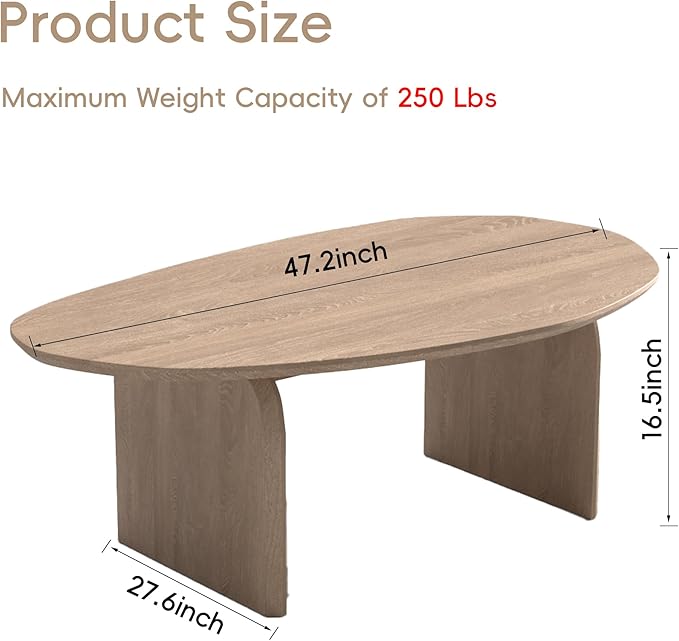 Honyee Oval Coffee Table, 47.2" Wood Coffee Table for Living Room, Modern Wooden Center Table with Solid Wood Veneer Legs, Sturdy Rounded Edge Design, Easy Assembly, Apartment Friendly, Natural
