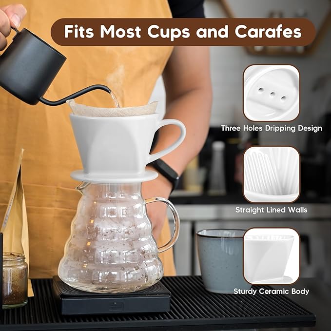 Pour Over Coffee Maker, Ceramic Pour Over Coffee Dripper, Manual Brew Maker, White Kitchen Decor and Accessories, Single Cup Porcelain Slow Brewing Accessories for Cafe Coffee Bar