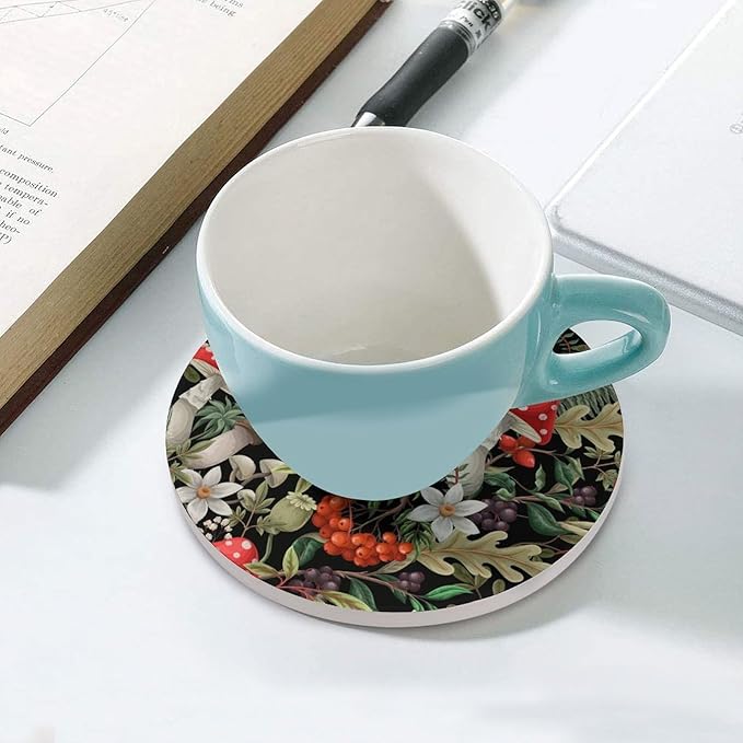 Round-4PCS Botanical Drink Coasters, Round Modern Ceramic Absorbent Coasters, Wild Floral Botanical Mushroom Nature Plants Herbs Decor Desk Coffee Table Coaster for Beverage Cup Tea Coasters