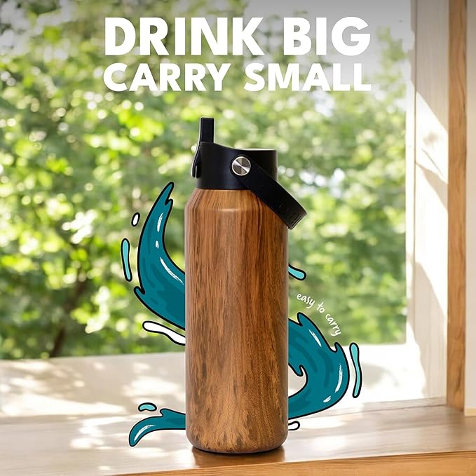 Elemental 40oz Insulated Water Bottle with Straw - 100% Leak-Proof Stainless Steel Core Water Bottles for Travel, Sports and Gym - Double Wall Insulation & BPA Free - Teak Wood