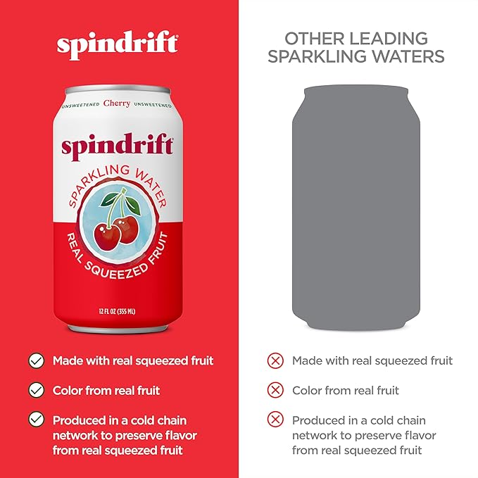 Spindrift Sparkling Water, Cherry Flavored, Made with Real Squeezed Fruit, 12 Fl Oz Cans, Pack of 24 (Only 21 Calories per Can)
