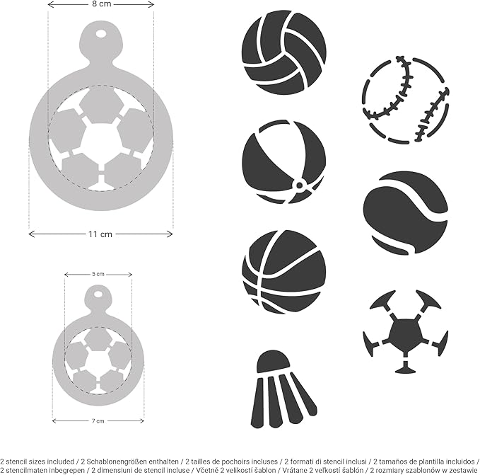 NAKLEO Coffee Stencils and Cookies Decoration 14Pcs 2.8”x2.8” and 4.3”x4.3”, Reusable Plastic Baking Templates, Sport Football Balls, Barista DIY Art Craft, Capuccino Latte Chocolate Cake Biscuit