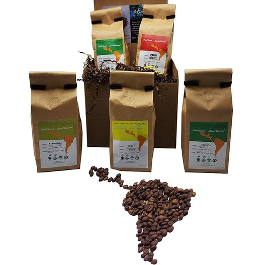Coffee Gift Set Las Americas 5 Pack 12oz Gourmet Organic Medium Roast whole Bean with Best Beans From Mexico, Guatemala, Peru, Colombia and Brazil 60oz
