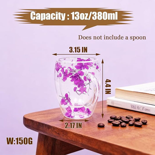 Viovian 13oz Double Wall Glass Coffee Mugs Set of 2 Insulated Glass Coffee Cups with Handles,Clear Dried Flower Tea Mug for Hot Beverages,Tea Cup Women Birthday Gifts