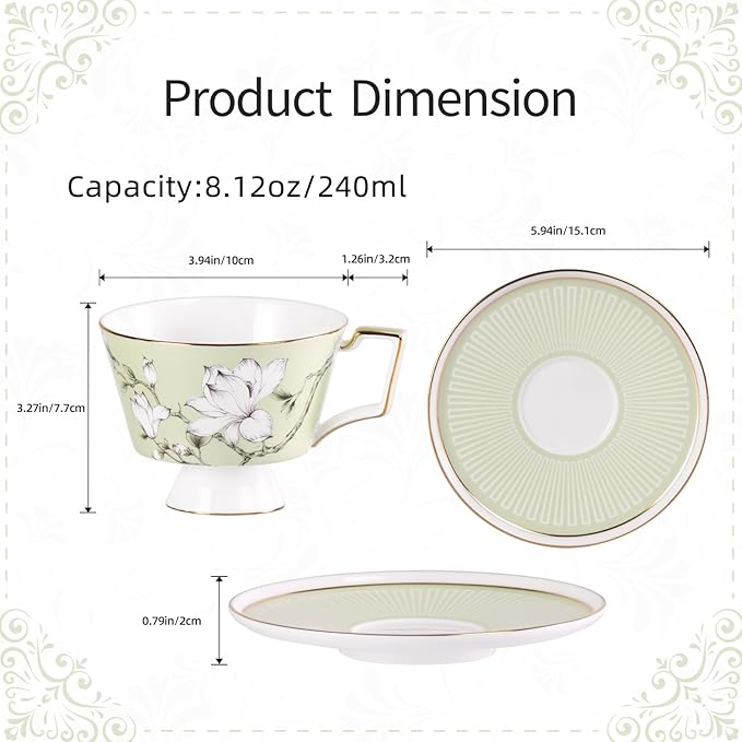 KAMMAK Ceramic Coffee Cups Saucers Set of 2, Porcelain Espresso Cups with Saucers, 8.12 oz Handcrafted Elegant Bone China Tea Cups, Blue & Sage Green Flower Teacup for Party, Office, Women Gift