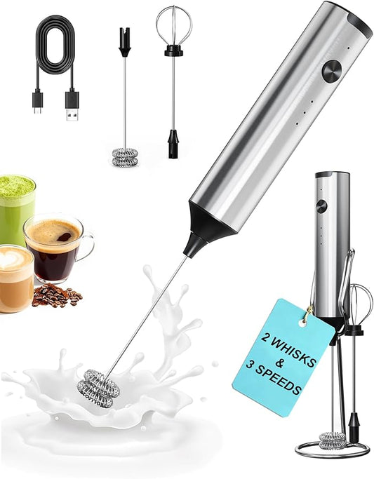 Rechargeable Milk Frother with Stand, Handheld 3-Speeds Coffee frother with 2 Whisks, Electric Frother Wand for Coffee, Latte, Cappuccino, Hot Chocolate, Matcha and Egg Mini Frother, Silver