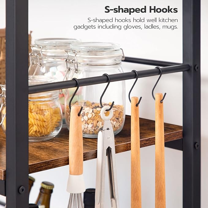 HOOBRO Kitchen Island with Storage, Industrial Kitchen Counter with Hooks and Side Enclosures, 3 Tier Kitchen Cart with Large Workstation, Saving Space, Easy Assembly, Rustic Brown and Black BF03ZD01