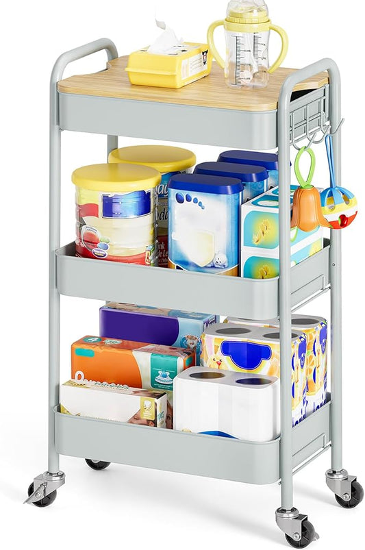 TOOLF 3-Tier Rolling Cart with Table Top, Metal Storage Cart on Wheels, Utility Organizer with Wooden Tray, Lockable Casters, Easy Assembly for Bathroom, Bedroom, Baby Room, Kitchen, Green