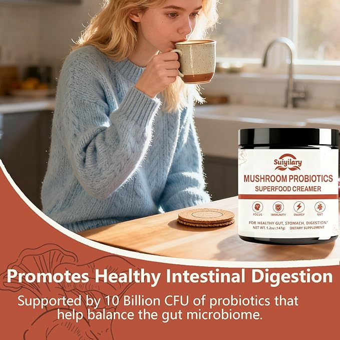 Mushroom Probiotic Coffee Creamer, 10 Mushrooms Creamer with Probiotics, Lion’s Mane, Cordyceps, Reishi, Turkey Tail, Shiitake for Gut, Digestion, Gluten Free 21 Serving
