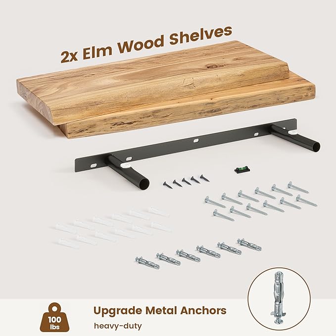 Live Edge Elm Floating Shelves for Wall Decor, Rustic Solid Wood Shevles Wall Mounted with Invisible Bracket for Living Room Bathroom Bedroom Kitchen, 24 Inch Set of 2, Natural
