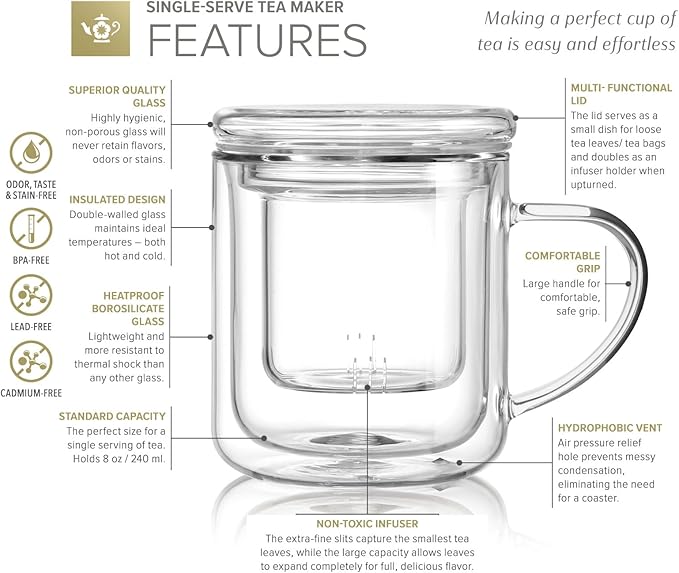 Teabloom Heatproof and Insulated Borosilicate Glass Tea Cup with Infuser for Whole-Leaf Loose Tea – Tea Purist's Choice – Wellbeing Double-Walled Infusion Mug with Lid (8 oz)