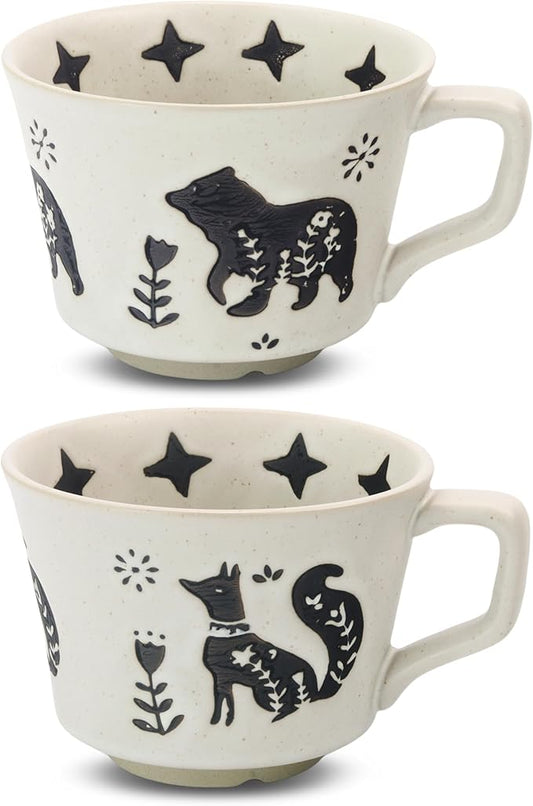 LINVIA Ceramic Coffee Mug, 12 oz Novelty Unique Teacup with Handle, Stoneware Cup for Tea Mocha Latte Cappuccino Espresso (Set of 2, Fox and Bear)