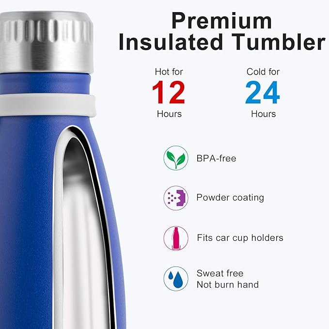 koodee Water Bottle 2 Pack 17 oz Stainless Steel Double Wall Vacuum Insulated Sports Water Bottle with Leak Proof Lid, Cola Shape Travel Flask for Men (2 Pack Navy)