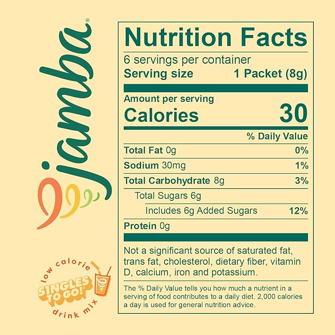 Jamba Singles To Go! mango-a-go-go smoothie-inspired powdered drink mix sticks, 6-Count, 3G Energy (green tea, ginseng, guarana), aspartame free, just add water