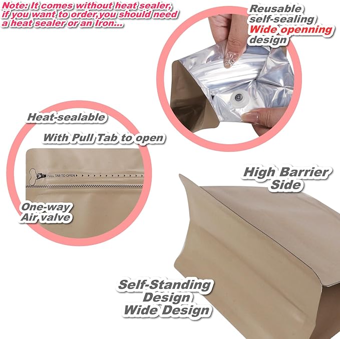 60 Pack High Barrier Stand-Up Coffee Bean Bags with Vented Valve Matte Metallic Heat-Sealable & Resealable Solid Color Pouches (Square,7.7 * 8 inch,1 lb,Light Brown)