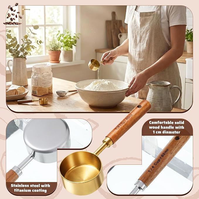 2 Pcs Measuring Cup with Wooden Handle Food Scoop Measuring Cups 1/4 Cup Stainless Steel Measurings Cups 60 ML Coffee Measurings Scoops (Gold Silver)