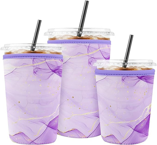 Iced Coffee Sleeve Reusable Cup Sleeves for Cold Drinks Neoprene Koozie Cozy Plastic Cup Covers for Drinks, Purple Marble