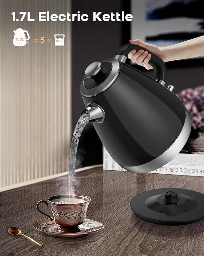 100% Stainless Steel Electric Kettle - No Plastic Contact with Water, 1.7L Retro Water Boiler with 304 Stainless Steel Inner Lid & Spout, 1200W Fast Boiling, BPA Free, Auto Shut-Off, Black