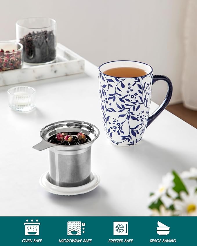 vancasso SELENE Porcelain Tea Mug, 18 oz Porcelain Tea Cup with Infuser and Lid Steeps Loose Leaf Tea, Microwave & Dishwasher Safe, Delicate Floral