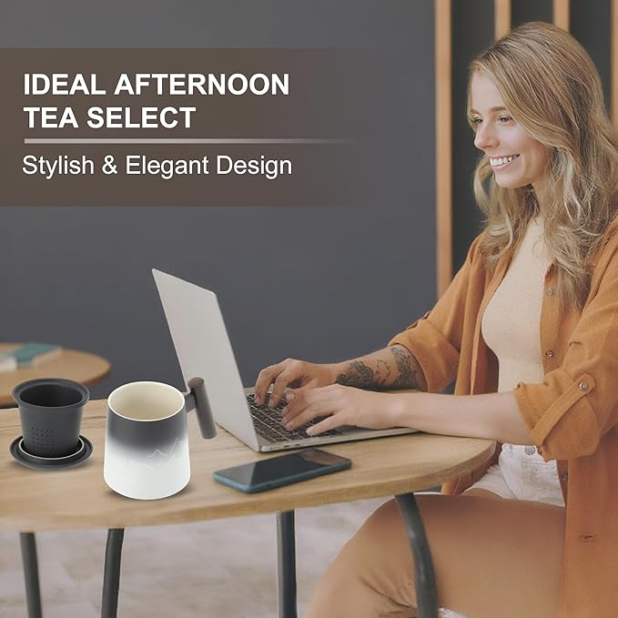 Tea Cup with Infuser, 13.5oz Ceramic Tea Infuser Mug with Wood Handle and Cup Lid, Tea Strainer Cup for Loose Leaf Steeping, Black&White