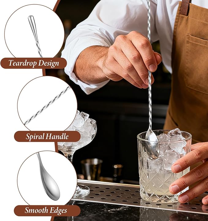 18 Pcs 12 Inches Bar Spoon, Stainless Steel Spiral Pattern Mixing Spoon, Long Handle Cocktail Mixing Stirrers, Long Drink Stirrer for Coffee, Iced Tea, Cocktail Shaker, Silver