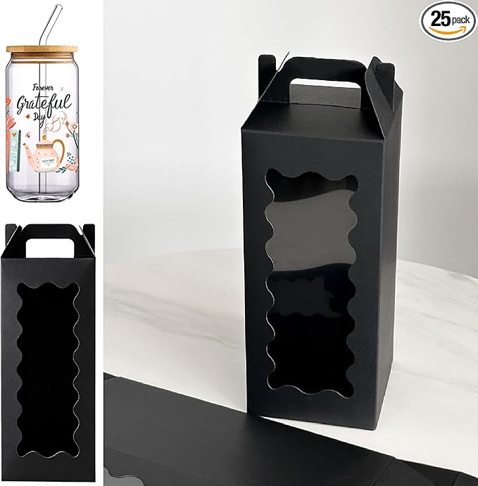 25Pcs Tumbler Gift boxes for glass cup with Handle for 16oz 18oz 20oz Sublimation Glass, Cup boxes for packaging 16oz,water bottle gift boxes,Tumbler Packaging Boxes with window for gifts（Black）