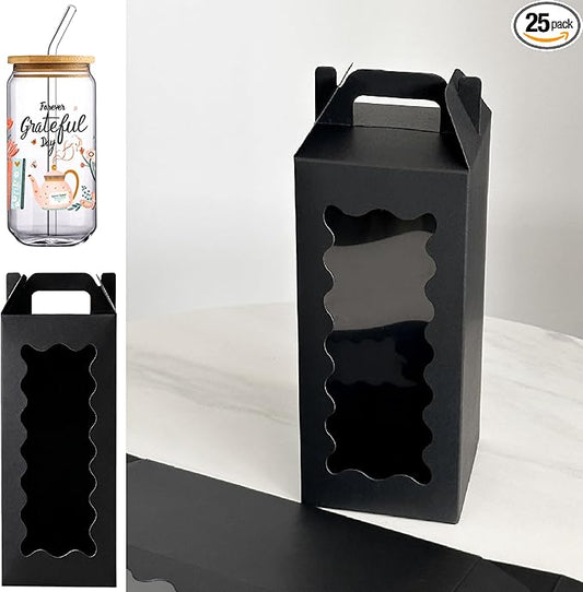 25Pcs Tumbler Gift boxes for glass cup with Handle for 16oz 18oz 20oz Sublimation Glass, Cup boxes for packaging 16oz,water bottle gift boxes,Tumbler Packaging Boxes with window for gifts（Black）