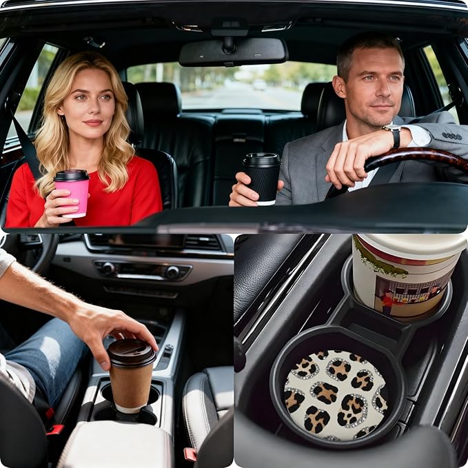Car Cup Holder Coasters, 2 Pcs Ceramic Coasters with Finger Slot and Cork Back, Anti-Slip Shock Absorbing Women and Men Universal Car Accessories - Art Leopard Print