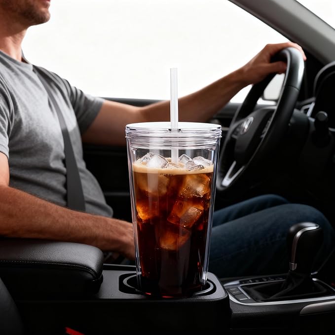 24oz Tumbler with Lid and Straw, Leak Proof and Double Wall Insulated Reusable Plastic Cups,Travel Reusable Iced Coffee Cup (2, Transparent)