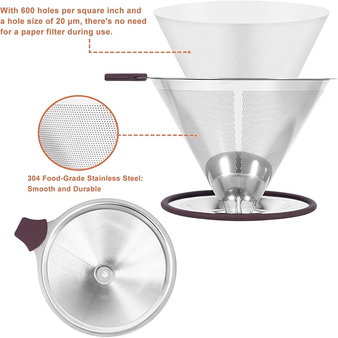 Pour Over Coffee Dripper, Paperless Pour Over Coffee filter, Stainless Steel Reusable Coffee Filters with Double Layer Mesh, Coffee Strainer Cup Stand & Cleaning Brush