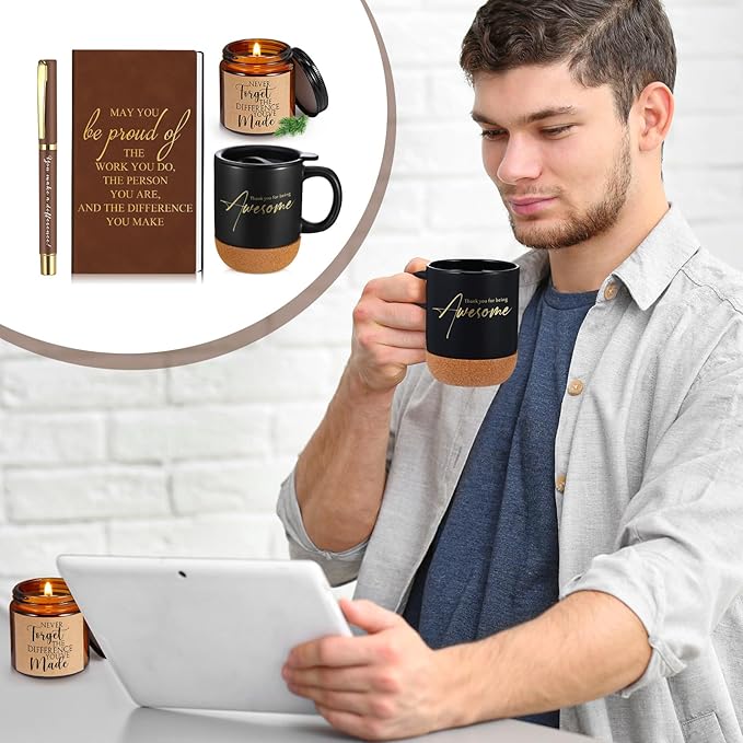 4 Pcs Thank You Gift Set for Men Women Employee Coworker Gifts Inspirational Appreciation Notebook Coffee Mug Scented Candle Pen for Valentine's Day Team Office Staff Teacher Nurse Volunteer