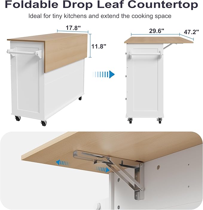 Mobile Kitchen Island with Drop Leaf, Rolling Kitchen Cart with 3 Drawers, Kitchen Storage Cabinet on Wheels, Island Table with Towel and Spice Rack for Dining Room, Living Room, White