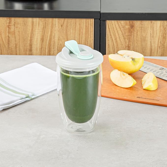 Restaurantware Glass Travel Mug 1 Count 15 Ounce Double Wall Borosilicate Reusable Coffee Cup, Spill-Resistant Gray and Green Silicone Lid, Clear Drinkware Mug for Hot and Cold Beverages