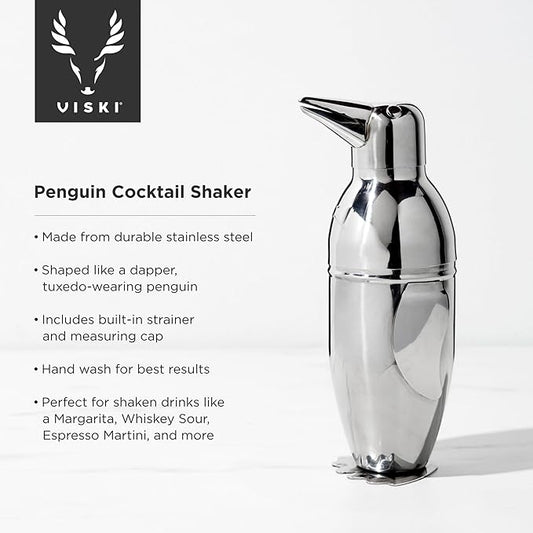 Viski Penguin Cocktail Shaker with Strainer, Stainless Steel Cobbler Shaker for Margaritas, Whiskey Sours & Other Cocktails, Bar Cart Accessories for Home Bars, Cocktail Party Essentials, 17 oz