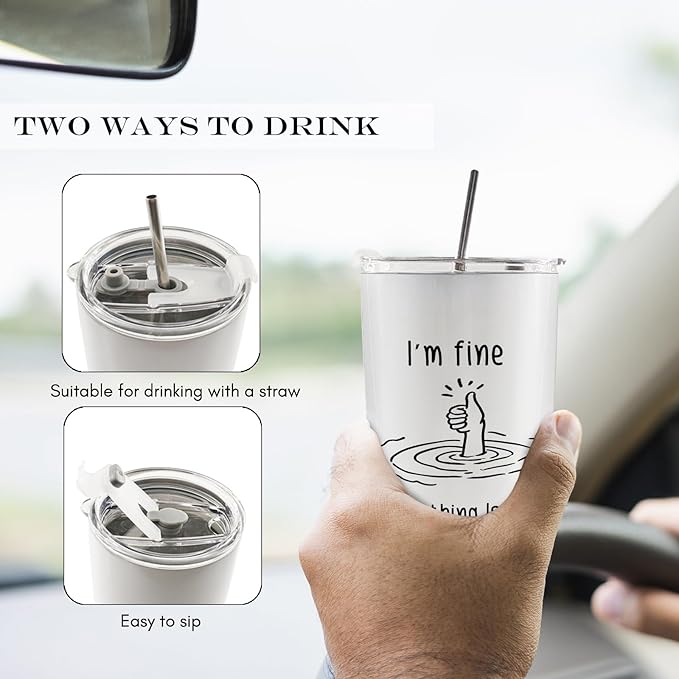 Funny 20oz Travel Coffee Mug Tumbler, I'm Fine Everything Is Fine Funny Humorous Stainless Steel Tumbler with Lid and Straw