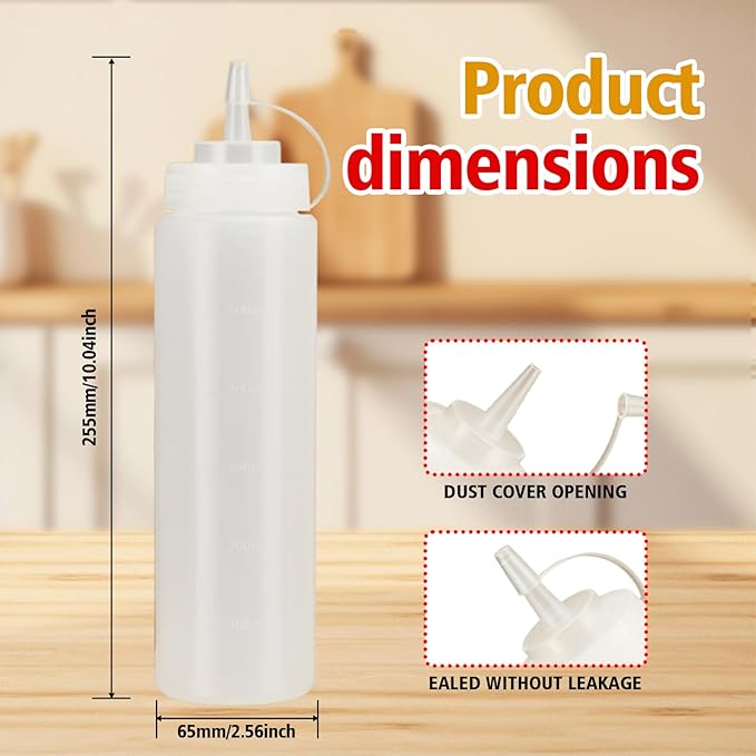 Squeeze Bottles for Sauces,Leak-Proof Condiment Dispenser, BPA-Free Kitchen Restaurant Squeeze Bottle Set with Wide Mouth for Ketchup, Mustard,Syrup,Dressings (White, 6Pack-24oz(600ml))