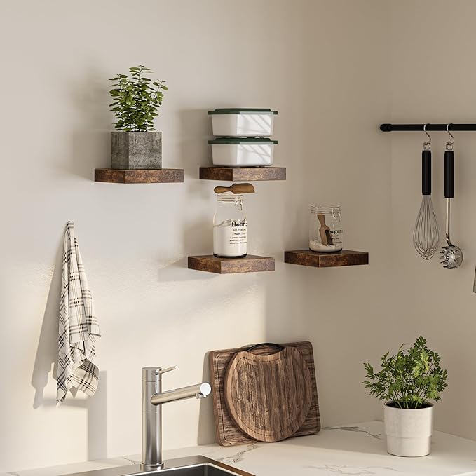 Square Floating Shelves for Wall, 7.5" W x 7.5" D x 1.4" H, Small Wooden Wall Mounted Display Shelf with Invisible Brackets for Living Room, Bathroom, Kitchen Decor, Set of 4, Rustic Brown