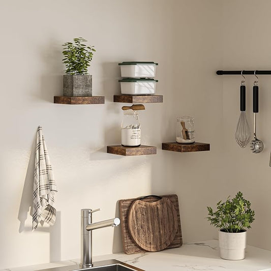 Square Floating Shelves for Wall, 7.5" W x 7.5" D x 1.4" H, Small Wooden Wall Mounted Display Shelf with Invisible Brackets for Living Room, Bathroom, Kitchen Decor, Set of 4, Rustic Brown