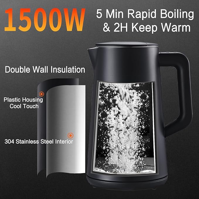 1.5L Electric Kettle Stainless Steel, Double Wall Cool Touch,Fast Boil,5 Temperature Control, LED Display, Auto Shut-Off, BPA-Free,Keep Warm Function, Ideal for Tea & Coffee (Black)