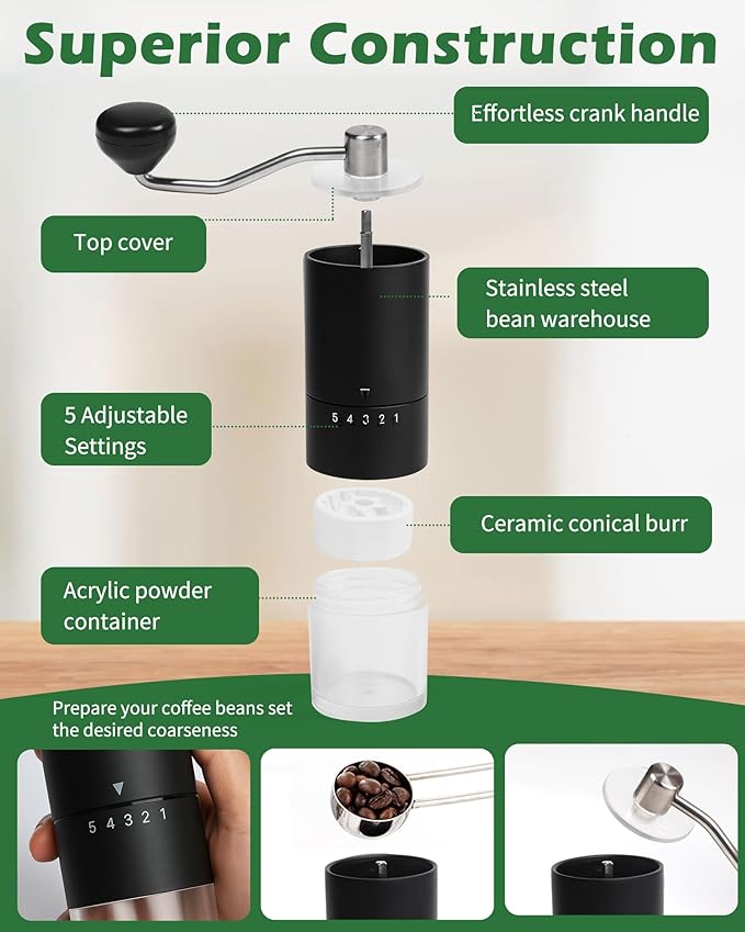 Manual Coffee Grinder With Ceramics Burr for Espresso,French Press,5 Adjustable Settings,Hand Coffee Grinder,For Home Use and Camping Travel,Coffee Bean Grinders With Hand Crank (Black)