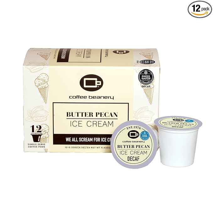 Coffee Beanery Butter Pecan Ice Cream Decaf Coffee Pods | 12ct Flavored Medium Roast | 100% Specialty Arabica | Gourmet