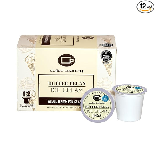 Coffee Beanery Butter Pecan Ice Cream Decaf Coffee Pods | 12ct Flavored Medium Roast | 100% Specialty Arabica | Gourmet