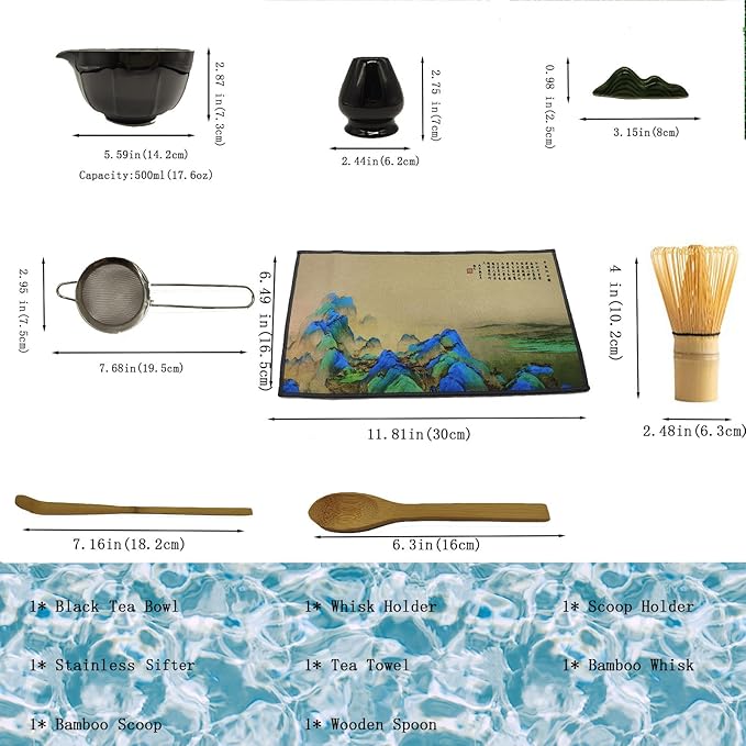 Matcha Whisk Set,8 Pcs Ceramic Matcha Sets Black Include Matcha Bowl with Spout(18Oz), Matcha Whisk and Holder,Bamboo Scoop,Scoop Holder,Stainless Sifter,Wooden Spoon,Tea Towel,Gift for Matcha Lovers