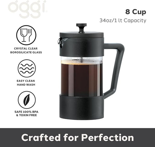 Oggi Borosilicate Glass French Press Coffee Maker (34oz)- 8 Cup Capacity, Coffee Press, Single Serve Coffee Maker, Stainless Steel Lid & Plunger, Make Great Coffee Gifts