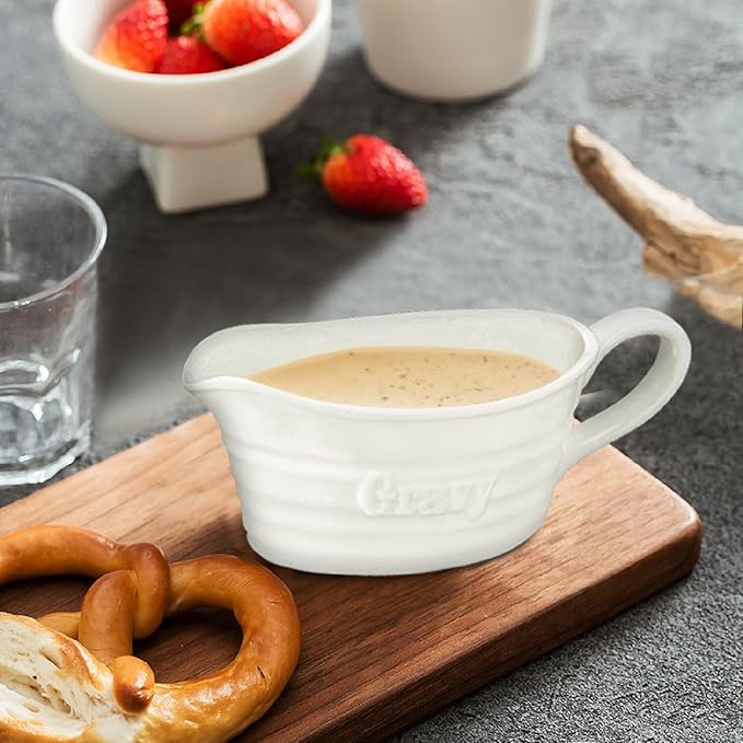 Qlans Large 18 Oz eramic Gravy Boat, with Big Dripless Lip Spout,，Serving Dispenser, Porcelain Pitcher for Sauces, Dressings and Creamer, Large Handle, Microwave and Dishwasher Safe,