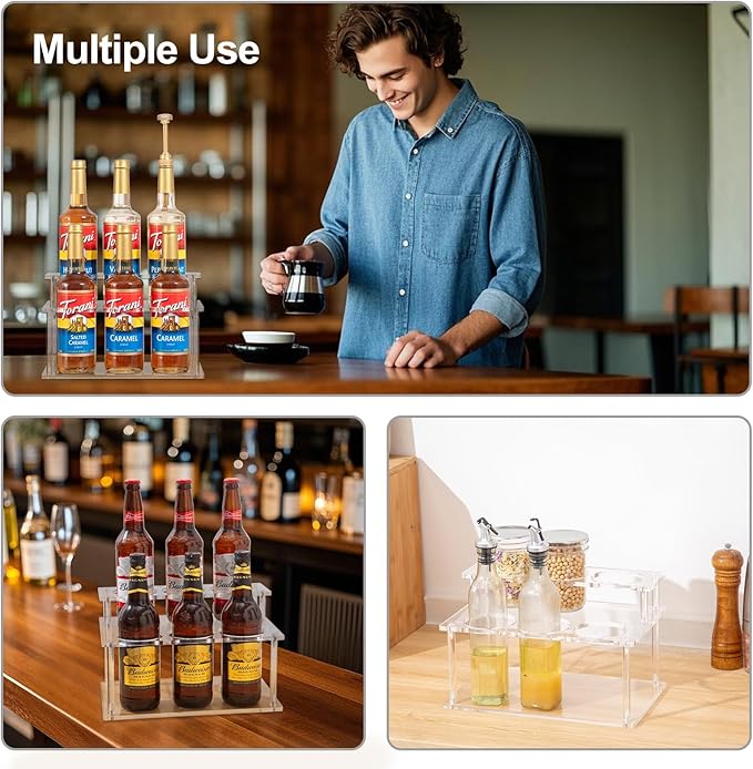 ODPEOZT Acrylic Coffee Syrup Organizer, 2 Tier Coffee Syrup Rack (6 Bottle Capacity), Syrup Bottle Holder Stand for Coffee Bar, Kitchen Countertop Syrups, Condiments and Wine (Transparent)