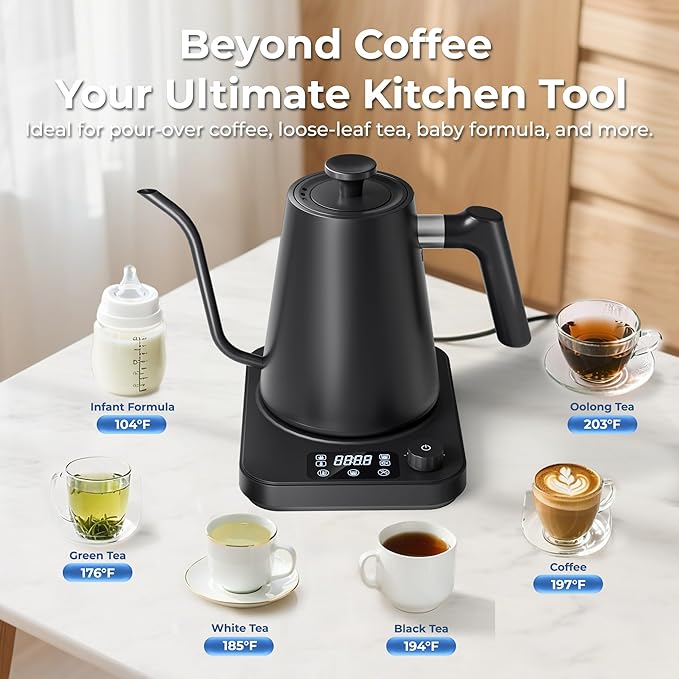 Gooseneck Electric Kettle, ±1°F Temperature Control, Smart Altitude Adaptation, 24H Keep Warm, 30-Min Auto Memory, Food Grade Stainless Steel, Pour Over Kettle for Coffee and Tea, 1200W/1.0L