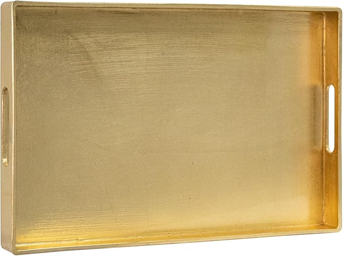 MAONAME Modern Gold Decorative Tray with Handles, Gold Leaf Serving Tray for Coffee Table, Rectangle Bathroom Decor Trays, 15.8" L x 10.2" W x 1.4" H