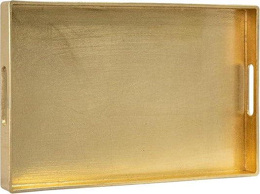 MAONAME Modern Gold Decorative Tray with Handles, Gold Leaf Serving Tray for Coffee Table, Rectangle Bathroom Decor Trays, 15.8" L x 10.2" W x 1.4" H